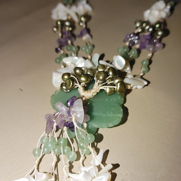 Vintage Floral Flower Necklace Gemstone MOP Shell Aventurine Pearl Amethyst - Picture 10 of 16
